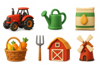 Farm icons set with 3d cartoon style: tractor, tools, and vegetables