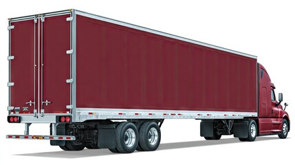 Close-up view of a red semi-trailer truck with white stripes parked in a lot showcasing its sleek design against a simple background structure