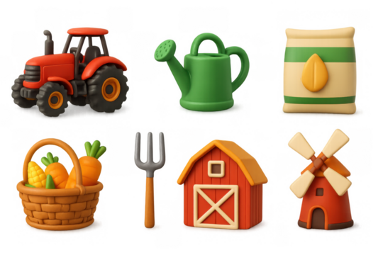 Farm icons set with 3d cartoon style: tractor, tools, and vegetables