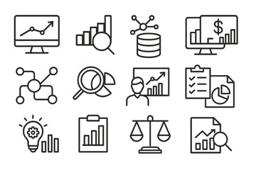 Various icons representing data analysis, charts, and business insights in a minimalist design