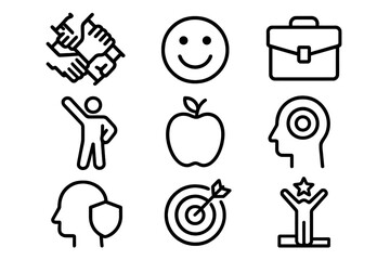 Symbols representing teamwork, positivity, and achievement in a collaborative work environment