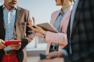 Close-up of business people collaborating in an outdoor setting, focusing on sharing ideas,...