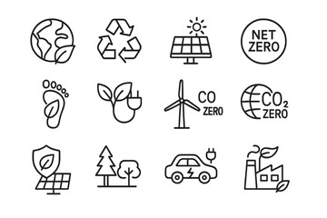Various eco-friendly symbols representing sustainability and renewable energy at a climate awareness event