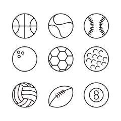set of sport, ball themed line art, editable icon set