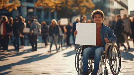 Young boy in wheelchair holds blank sign during city rally on sunny day with crowd in background