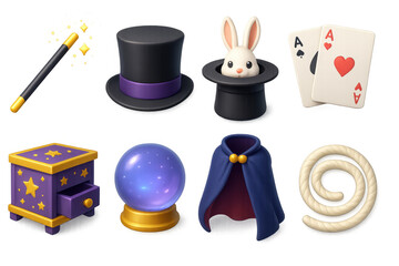 Magical items collection with wand, hat, and rabbit for a fantasy theme
