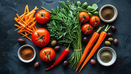 Fresh, healthy vegetables including red tomatoes, green lettuce, and ripe carrots are beautifully arranged on a wooden table, perfect for a vegetarian diet