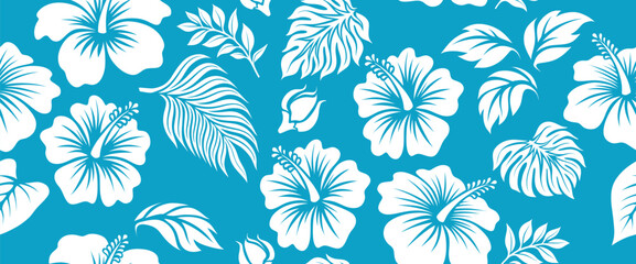 Hand drawn tropical hibiscus flower seamless pattern. © andin