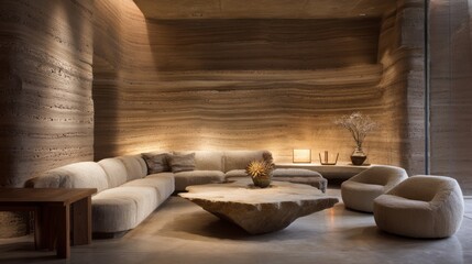 A modern, minimalist living area with a natural stone coffee table and soft, beige furniture.