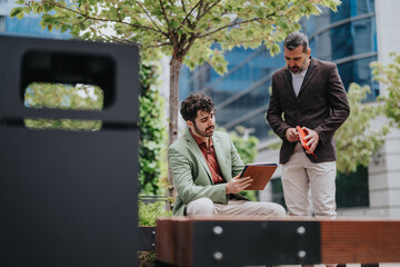 Two men, dressed in business attire, are engaged in conversation and collaborating using a tablet...