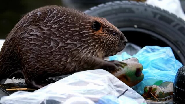 Beaver misguided by human debris attempts to build a dam with plastic bags, old tires, and bottles in a polluted environment