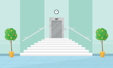 Interior of a hall with stairs, elevator and trees. Corridor in an office, medical center, hotel.