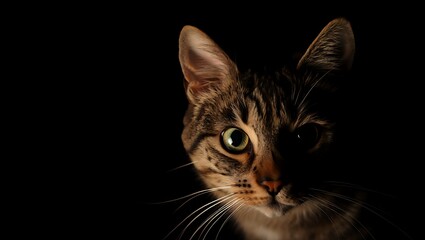 Tabby cat face with green eyes peeking from darkness feline animal