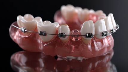 Orthodontic model showcasing fixed braces and clear aesthetic dental alignment