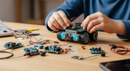 Creative child experimenting with robotics by building a small wheeled robot using circuits and tools. Ideal for themes of innovation and youth empowerment in tech