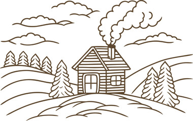 Fototapeta premium Cozy log cabin in mountain landscape, smoke rising from chimney, surrounded by pine trees, hills, clouds