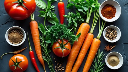 Fresh, healthy organic vegetables, including vibrant tomatoes, crisp carrots, and green lettuce, artfully arranged on a rustic wooden table