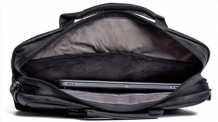 Open black laptop bag with laptop inside, showcasing technology and portability