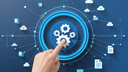 Image is a digital illustration featuring a futuristic interface with a network of interconnected icons and symbols on a blue background.