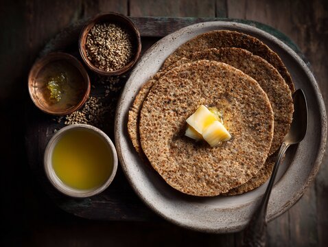 Top down view of plate of bajra roti jaggery and ghee rural Indian cuisine healthy millet flatbread rustic style