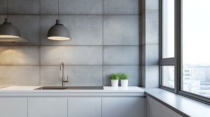 Fototapeta premium Modern kitchen with gray tiled walls, white cabinets, and a window overlooking a city