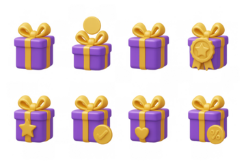 Colorful gift boxes with ribbon and symbols in 3d cartoon style