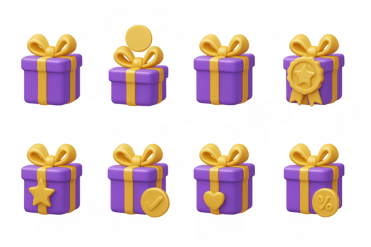 Colorful gift boxes with ribbon and symbols in 3d cartoon style