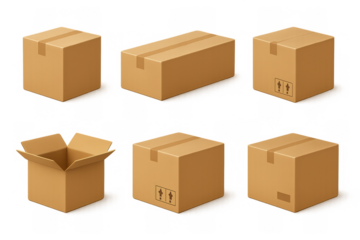 Collection of cardboard boxes in flat design with various shapes and sizes