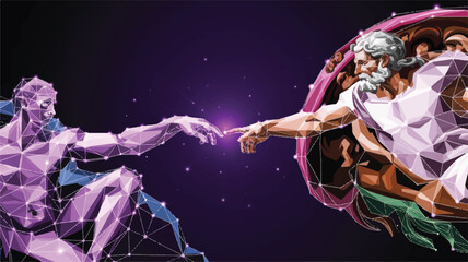 Obraz premium Digital Renaissance: Captivating artwork portrays a modern, low-poly rendition of a classic artistic moment, symbolizing creation and connection in a digital age.