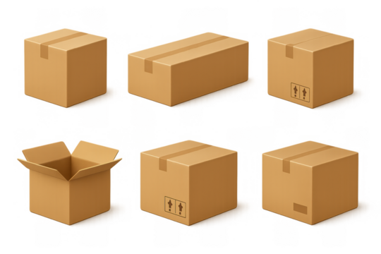 Collection of cardboard boxes in flat design with various shapes and sizes