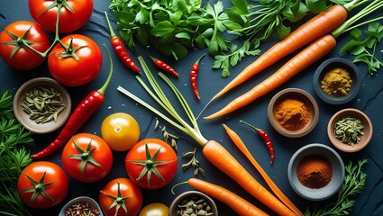Fresh, ripe red tomatoes and green leafy vegetables with aromatic spices on a white background, perfect for a healthy diet or salad