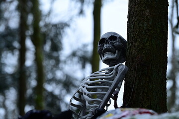 Im Gruselwald. Künstliches Skelettsitzt an einen Baum gelehnt im winterlichem Wald