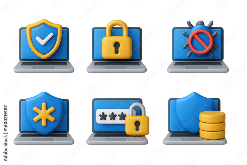 Poster cybersecurity icons: 3d collection of security elements with computer theme