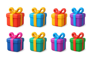 Fototapeta premium Colorful 3d gift boxes with ribbons and bows on transparent background