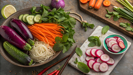  A vibrant fresh Asian cuisine ingredients on a rustic stone surface, full of color.