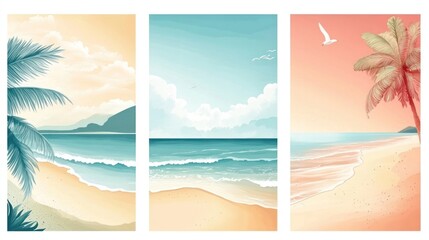 Obraz premium Summer. Beach. Landscape. Set of vector illustrations. Typographic poster design and watercolor art on background