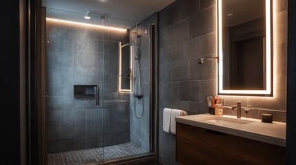 Modern bathroom with sleek gray tiles and glass shower enclosure.