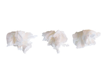 Side view set of screwed or crumpled white tissue paper balls isolated on white background with clipping path
