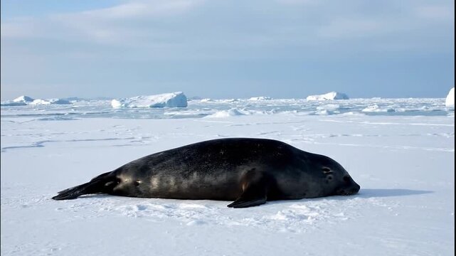 A curious seal lies on a vast expanse of ice, surrounded by distant icebergs, showcasing the serene and harsh beauty of the Arctic environment.