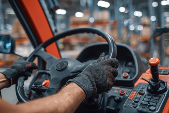 a forklift drivers hands on the steering