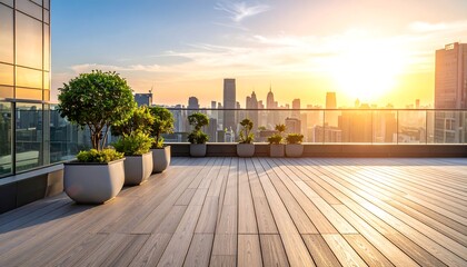 Obraz premium Rooftop Terrace with City Skyline at Sunset, Potted Plants and Wood Deck