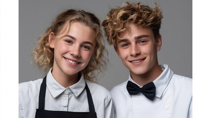 Portrait of Smiling Teenage Culinary Students in Uniform against Gray Background