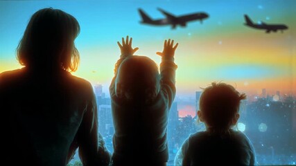 Silhouette of a mother and two children watching airplanes fly into a magical sunset sky, a concept of family dreams, childhood wonder, future hope and the desire for travel