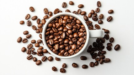 Obraz premium White mug filled with coffee beans, surrounded by scattered beans on a white background