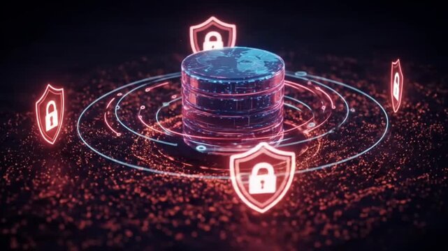3D security visualization of digital server with floating red security icons and a glowing shield