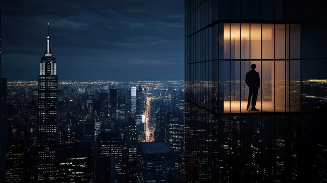 Night cityscape view from a skyscraper, featuring a solitary figure inside a window