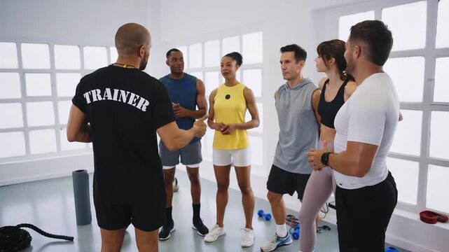 Professional personal trainer guiding diverse fitness group, sharing workout strategy and motivation during intense gym training session