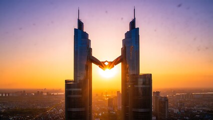 Twin skyscrapers connected by bridges at sunset architecture city
