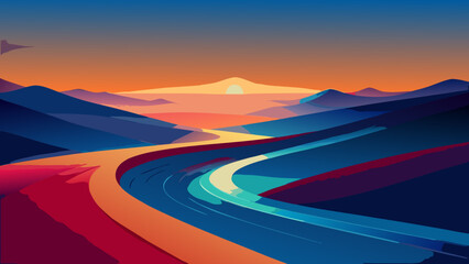 Colorful Abstract Landscape Sunrise Backgrounds – Winding River & Sunset Scenery