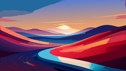Colorful Abstract Landscape Sunrise Backgrounds – Winding River & Sunset Scenery